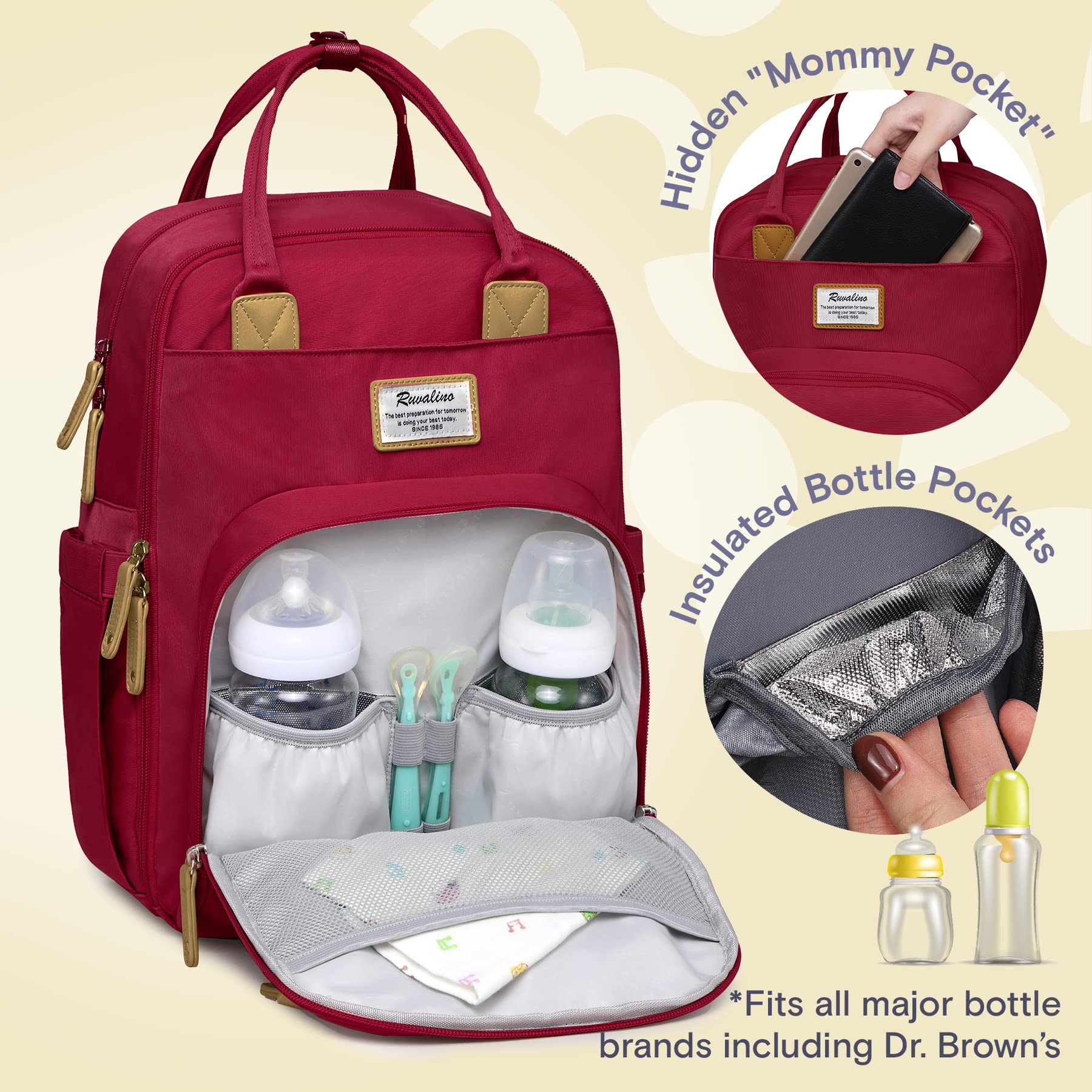 RUVALINO Diaper Bag Backpack, Multifunction Travel Pack Maternity Baby Changing Bags, Large Capacity, Waterproof, Beige