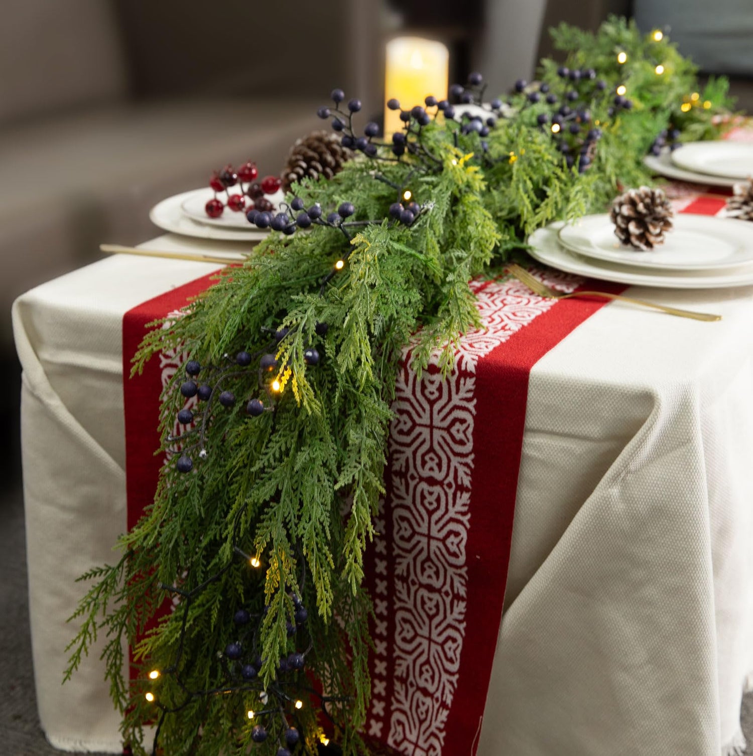 Jin&amp;Bao 6FT Real Touch Norfolk Pine Garlands, Christmas Garland with Lights, Christmas Decorations for Mantel Stairs Table Runner Outdoor Indoor Winter Decor, 50 LED with Timer 8 Modes