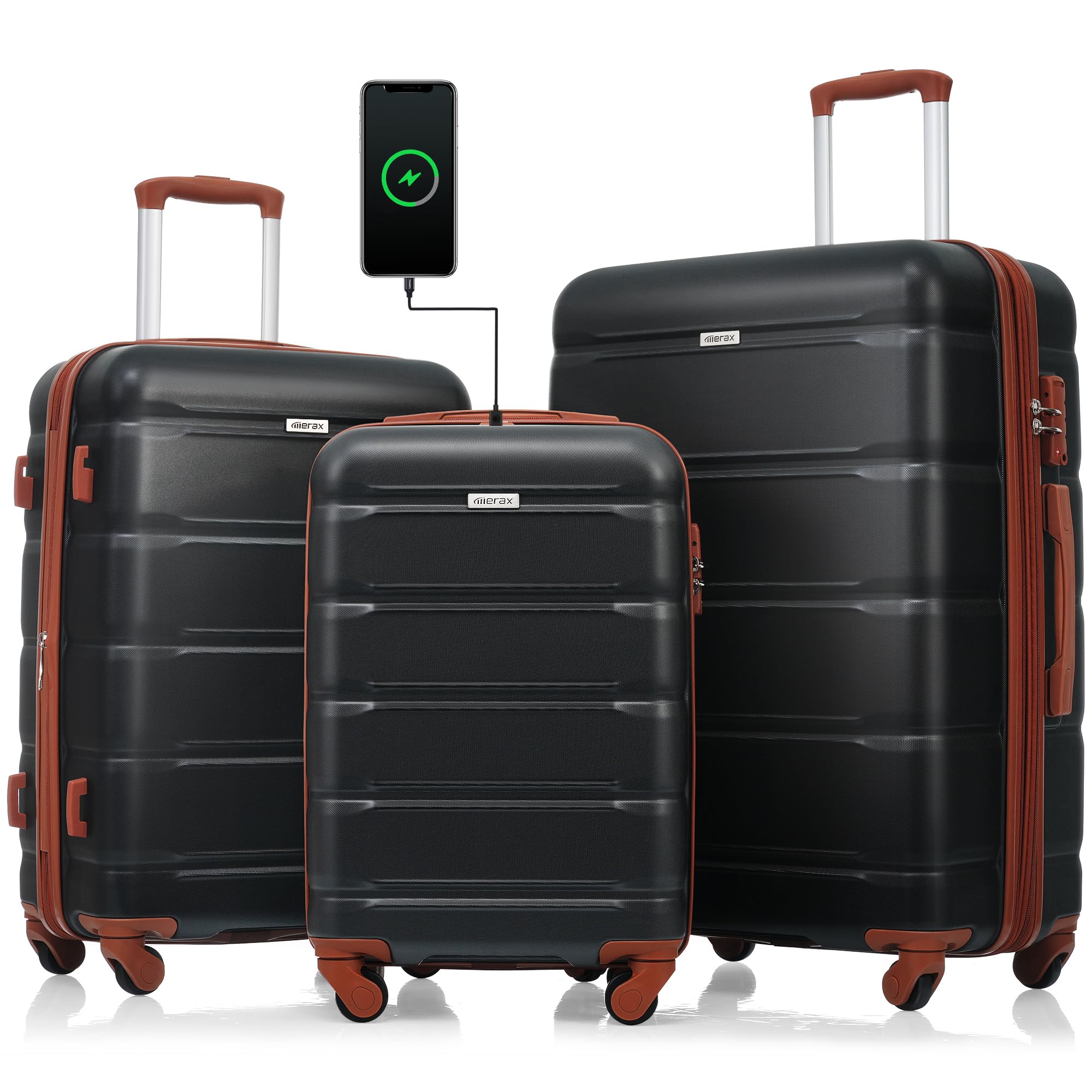 Merax 3 Pcs ABS Hardside Luggage Sets TSA Lock Spinner Wheel Suitcases, Pearly White, 20/24/28 Inch