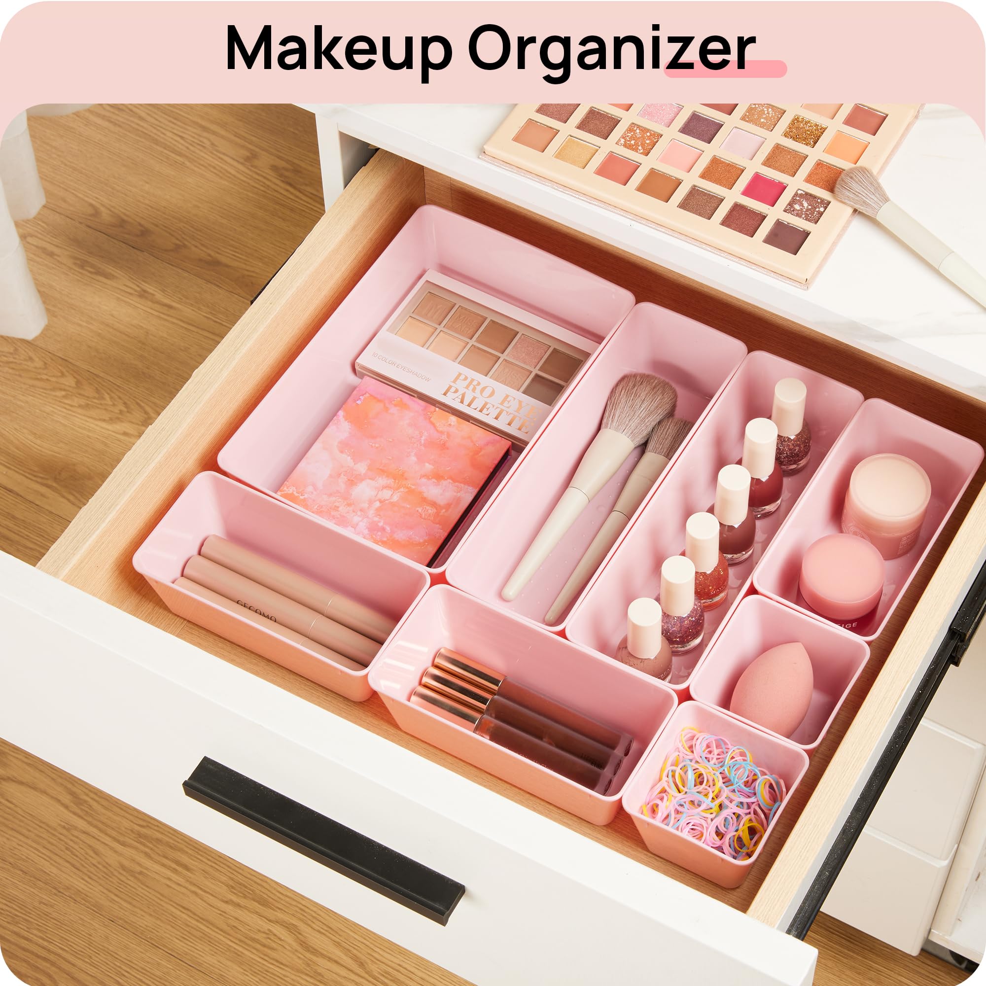 Vtopmart 25 PCS Clear Plastic Drawer Organizers Set, 4-Size Versatile Bathroom and Vanity Drawer Organizer Trays, Storage Bins for Makeup, Bedroom, Kitchen Gadgets Utensils and Office