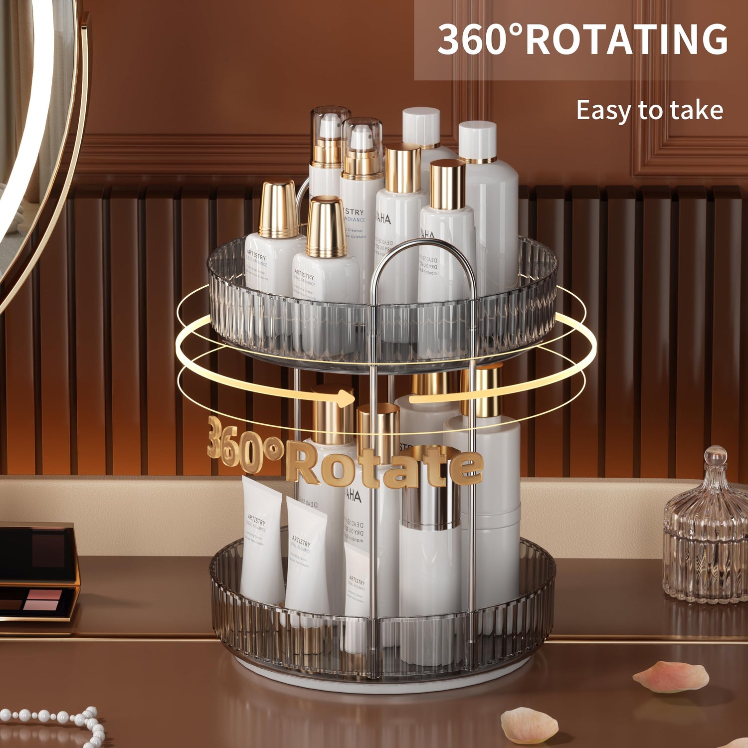 YCIA&amp;DONE 360 Rotating Makeup Organizer and Storage for Vanity Bathroom Countertop, High Capacity Cosmetic Skincare Perfume Organizer for Dresser Lazy Susan Organizers(Clear White,2 Tiers)