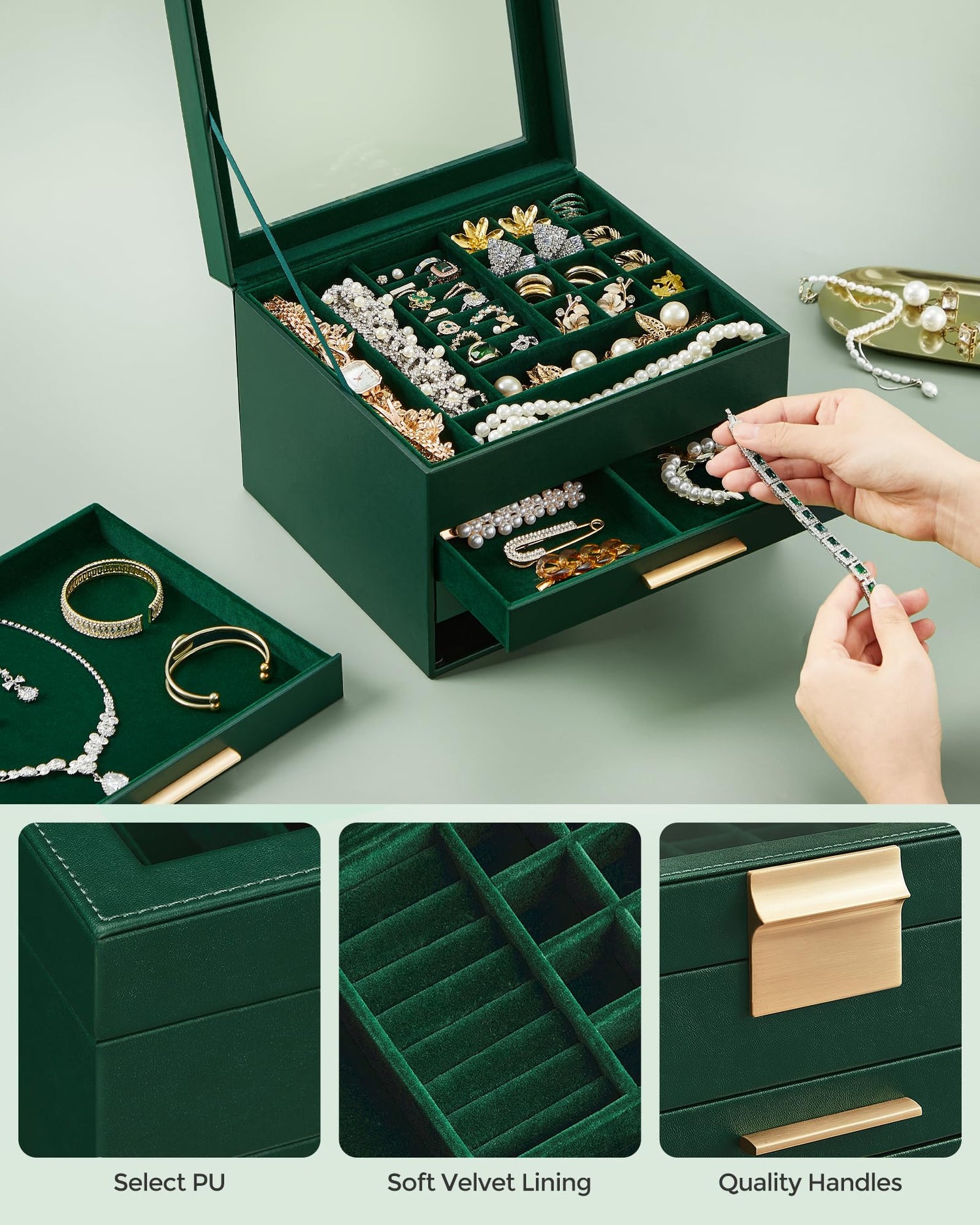 SONGMICS Jewelry Box with Glass Lid, 3-Layer Jewelry Organizer, 2 Drawers, for Big and Small Jewelry, Jewelry Storage, Modern Style, 8 x 9.1 x 5.3 Inches, Cloud White and Gold Color UJBC239WT