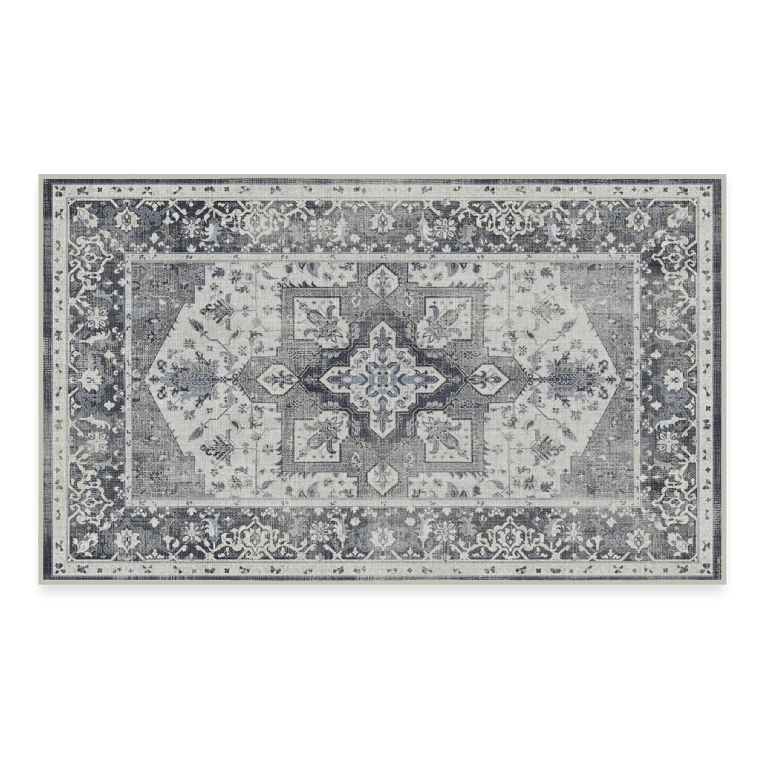 RUGGABLE Kira Runner Rug - Perfect Vintage Washable Rug for Entryway Hallway Kitchen - Pet &amp; Child Friendly - Stain &amp; Water Resistant - Stone Blue 2.5&