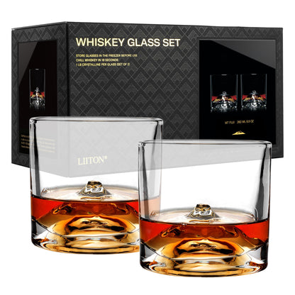 LIITON Heavy Crystal Whiskey Glasses Gift Set, Thick Freezable Bourbon Glass 1lb Each, Premium Whiskey Gifts for Men, Frozen Crystal Chills Cocktails Featuring Grand Canyon Glasses Set of 2, 10 oz
