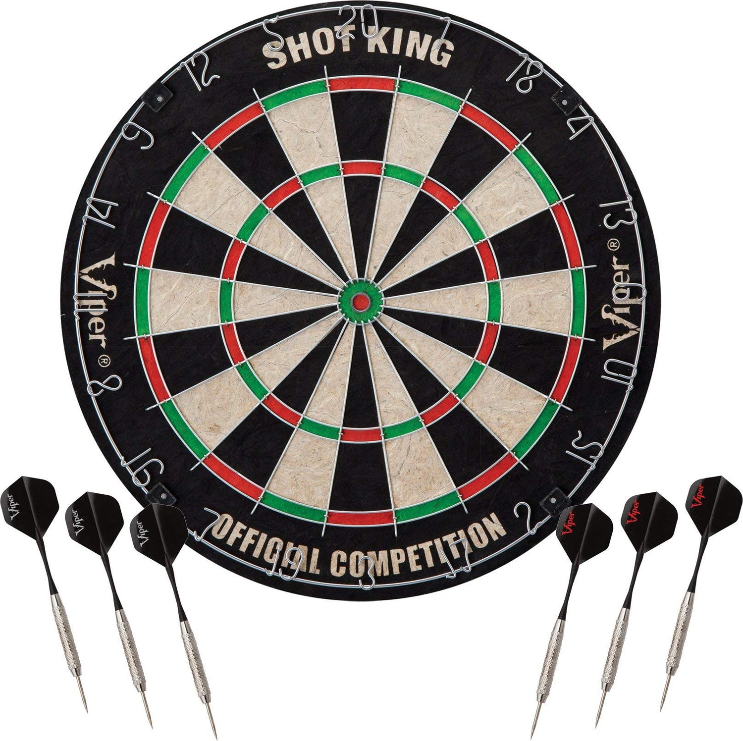 Viper Stadium Cabinet &amp; Shot King Sisal/Bristle Dartboard Ready-to-Play Bundle with Two Sets of Steel-Tip Darts, Throw Line, and Dry Erase Scoreboards, Walnut Finish