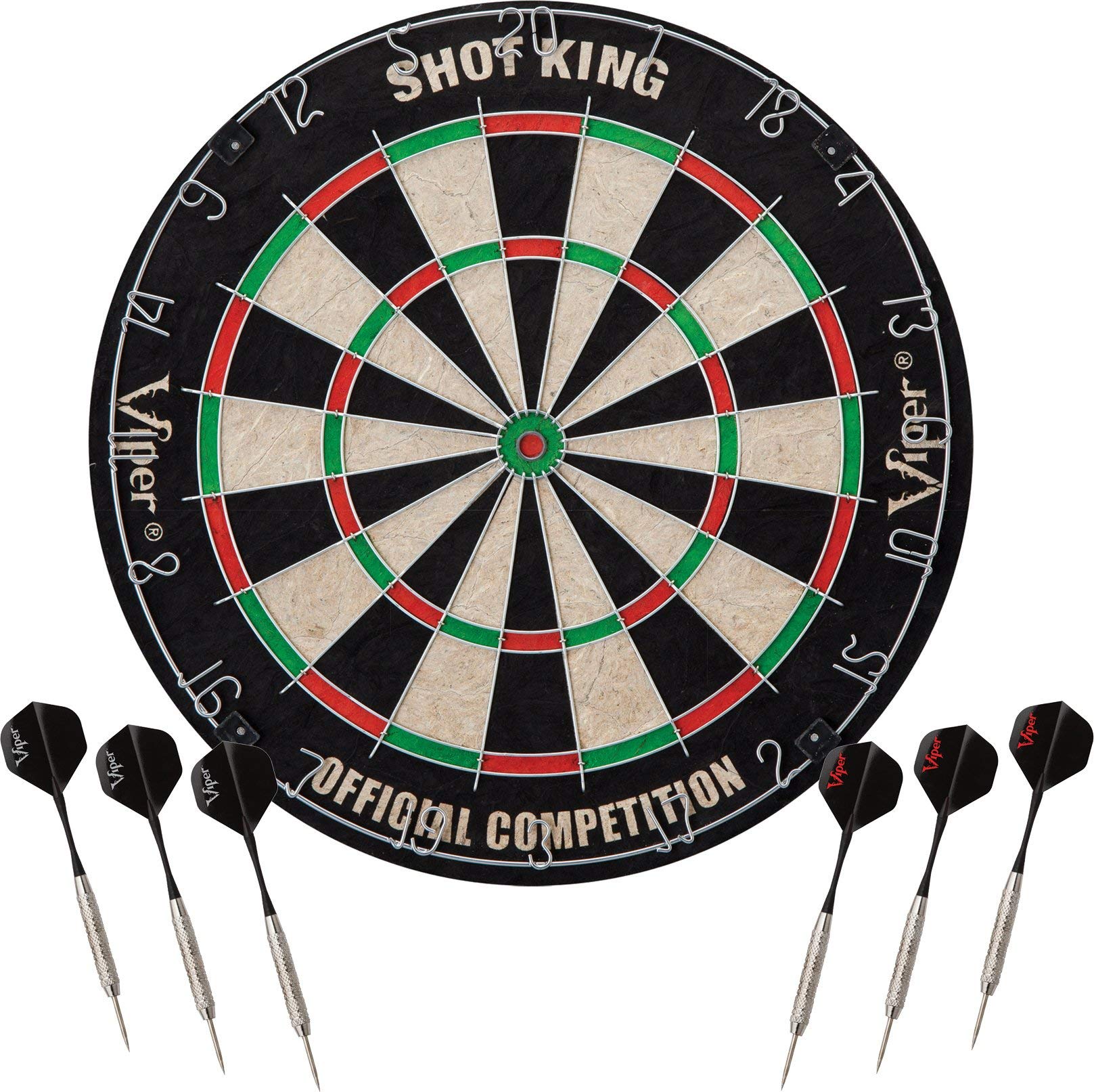 Viper Stadium Cabinet &amp; Shot King Sisal/Bristle Dartboard Ready-to-Play Bundle with Two Sets of Steel-Tip Darts, Throw Line, and Dry Erase Scoreboards, Walnut Finish