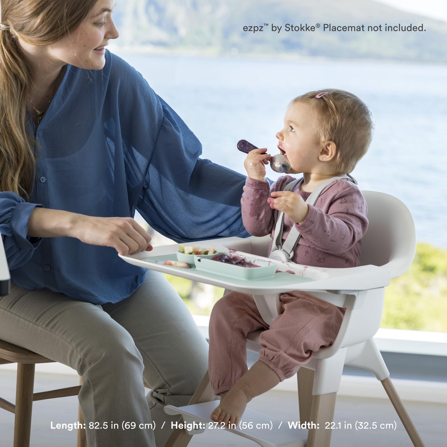 Stokke Clikk High Chair, Fjord Blue - All-In-One High Chair with Tray + Harness - Light, Durable &amp; Travel Friendly - Ergonomic with Adjustable Features - Best for 6-36 Months or Up to 33 lbs