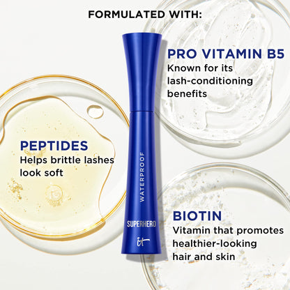 IT Cosmetics Superhero Volumizing Waterproof Mascara – 24HR Wear – Resists Sweat &amp; Humidity – Lash-loving Biotin, Peptides &amp; Pro-Vitamin B5 – Super Black, 0.3 fl oz