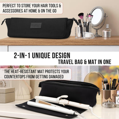 BAREFOOT CARIBOU Hair Tools Travel Bag and Heat Resistant Mat for Flat Irons, Straighteners, Curling Iron, and Haircare Accessories, 2-in-1 Design, with Interior Pockets, Portable Organizer (Ivory)