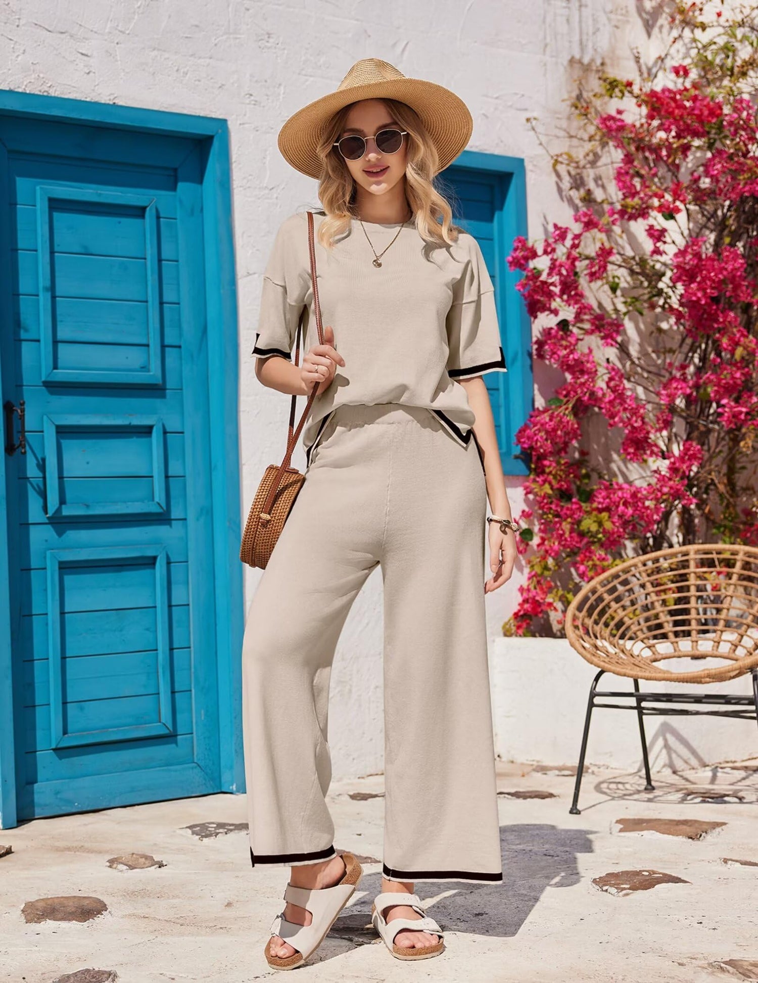 Ekouaer Lounge Set for Women 2 Piece Sets Loungewear Set Outfits Knit Sweater Sets Wide Leg Long Pants Pajama Set