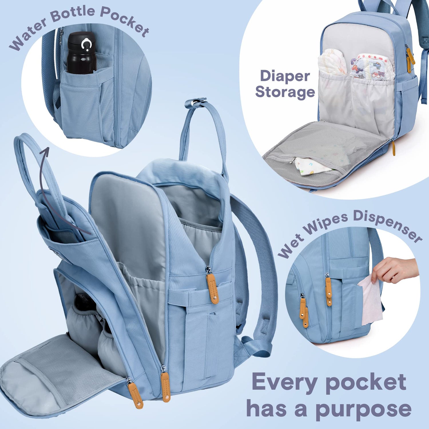 RUVALINO Diaper Bag Backpack, Multifunction Travel Pack Maternity Baby Changing Bags, Large Capacity, Waterproof, Beige