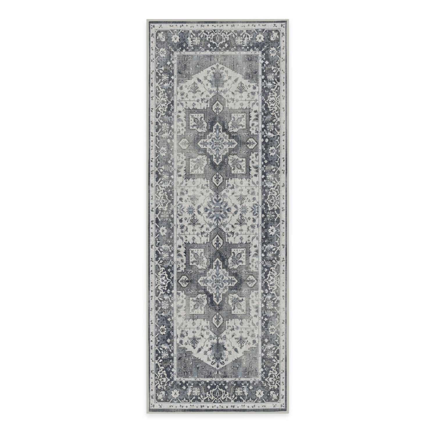 RUGGABLE Kira Runner Rug - Perfect Vintage Washable Rug for Entryway Hallway Kitchen - Pet &amp; Child Friendly - Stain &amp; Water Resistant - Stone Blue 2.5&