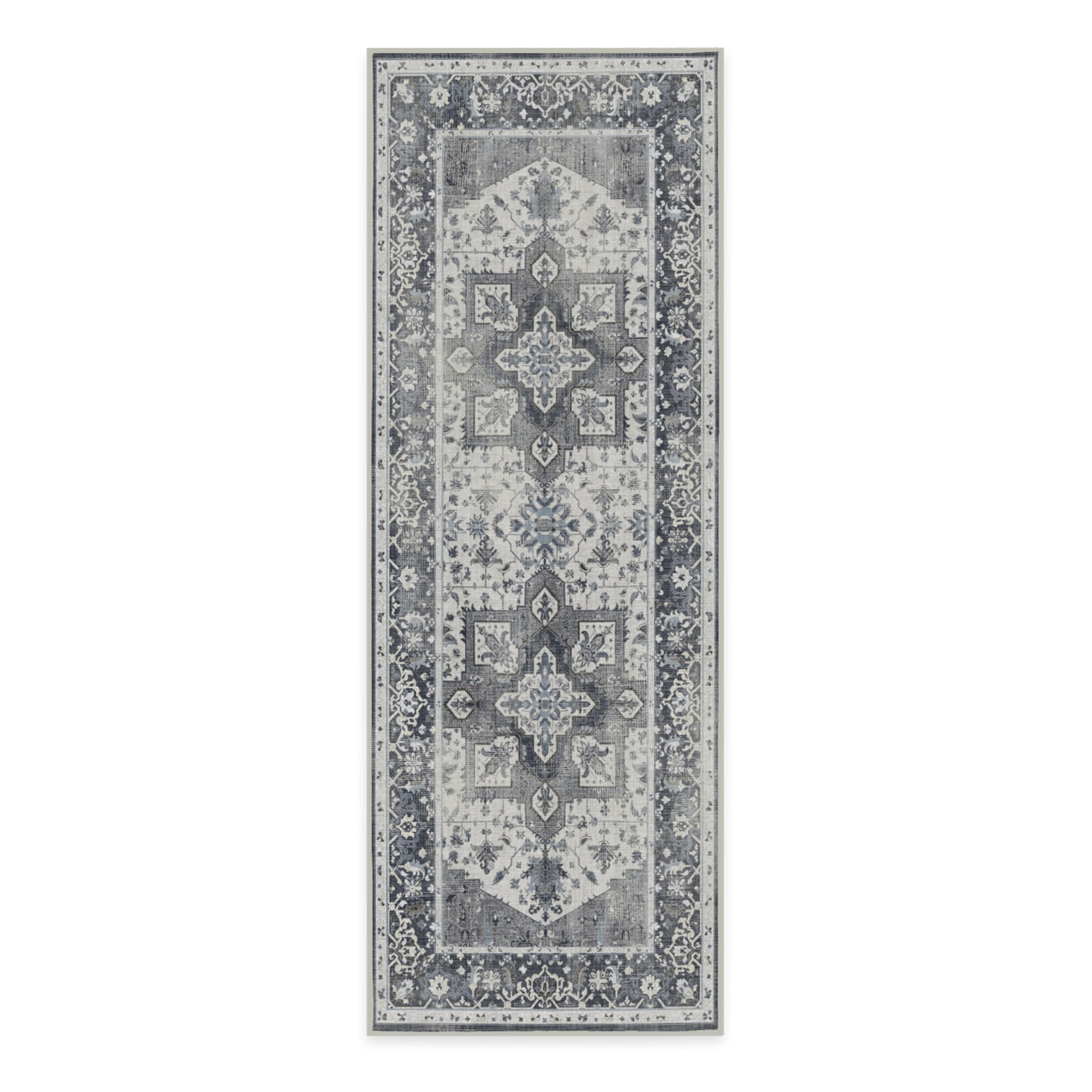 RUGGABLE Kira Runner Rug - Perfect Vintage Washable Rug for Entryway Hallway Kitchen - Pet &amp; Child Friendly - Stain &amp; Water Resistant - Stone Blue 2.5&
