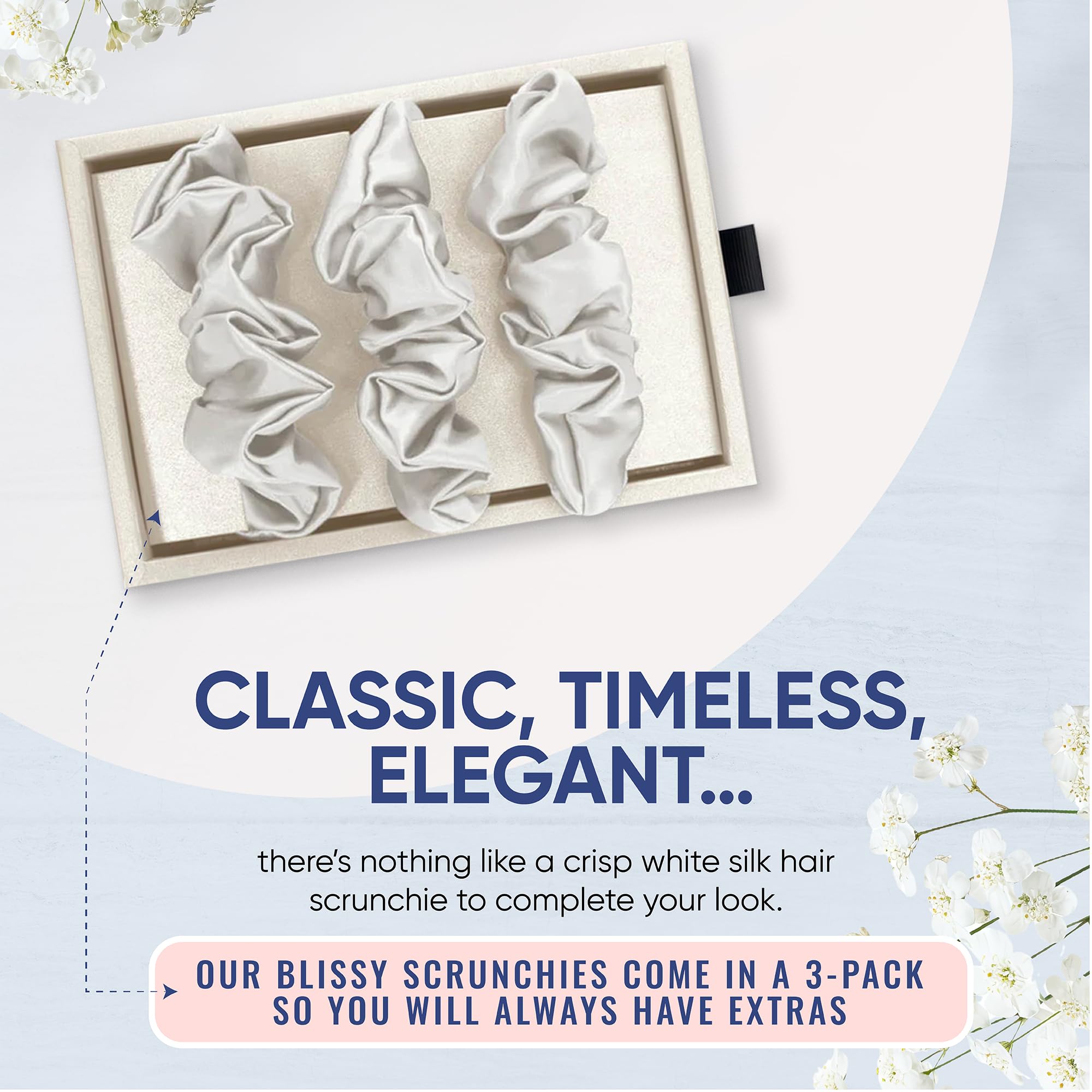 Blissy Silk Scrunchies (3 Pack) - 100% Pure Mulberry Silk - 22 Momme 6A High-Grade Fibers - Silk Scrunchie for Straight &amp; Curly Hair - Preventing Breakage, Tangling, &amp; Creasing (Black Skinny)