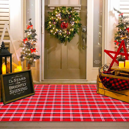 Christmas Red and White Plaid Rug - 28 x 43 Inches Outdoor Front Door Decor Mat Cotton Washable Hand-Woven Rug Christmas New Year Holiday Porch Entryway Layered Doormat