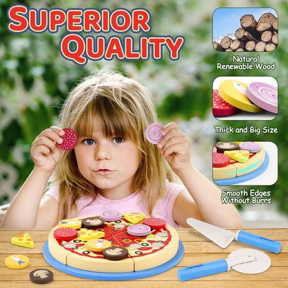 Beberolen Wooden Pizza Toy Play Food Set for Kids Pretend Play Kitchen Accessories Cutting Food Toys for 3 4 5 Years Old Toddlers Boys Girls