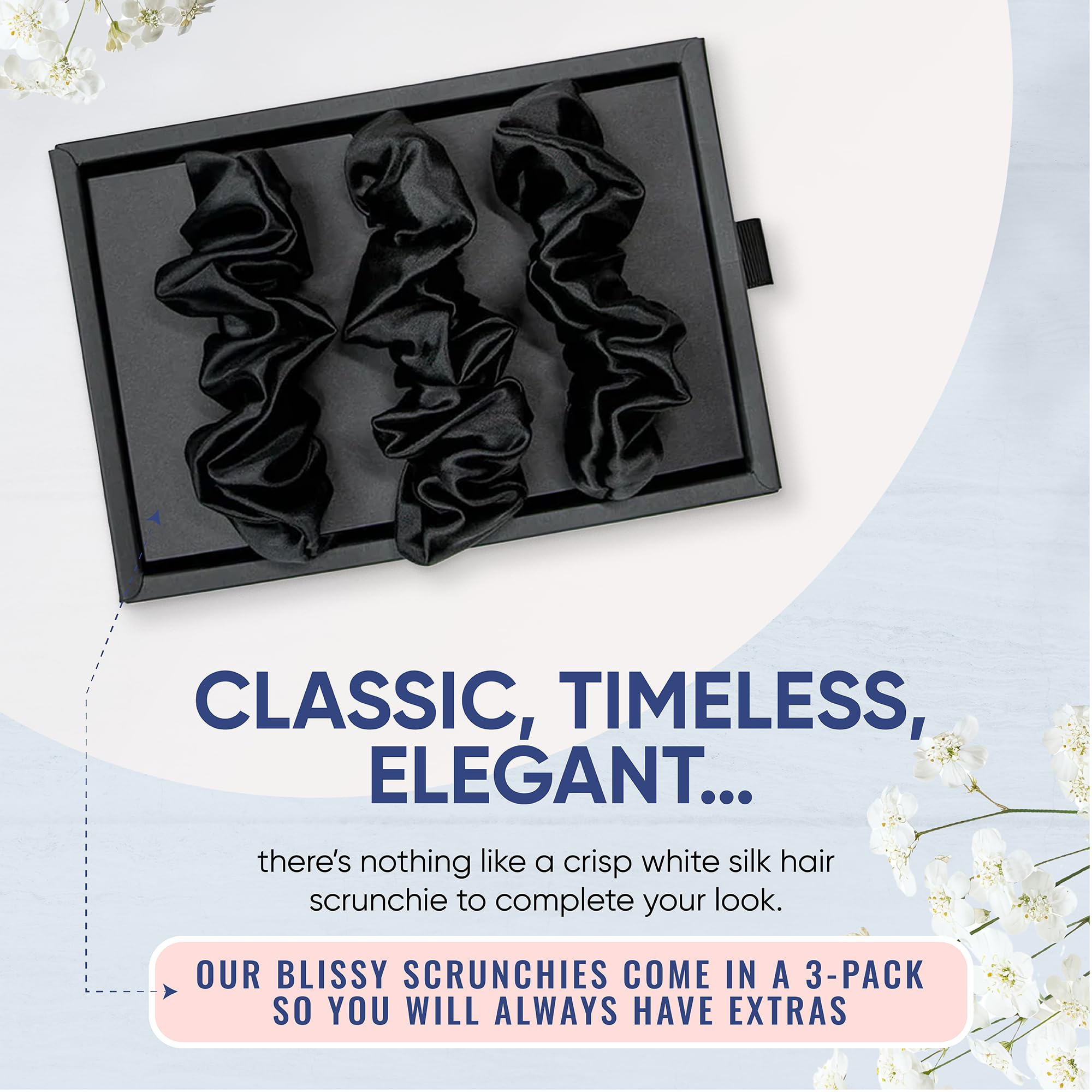 Blissy Silk Scrunchies (3 Pack) - 100% Pure Mulberry Silk - 22 Momme 6A High-Grade Fibers - Silk Scrunchie for Straight &amp; Curly Hair - Preventing Breakage, Tangling, &amp; Creasing (Black Skinny)