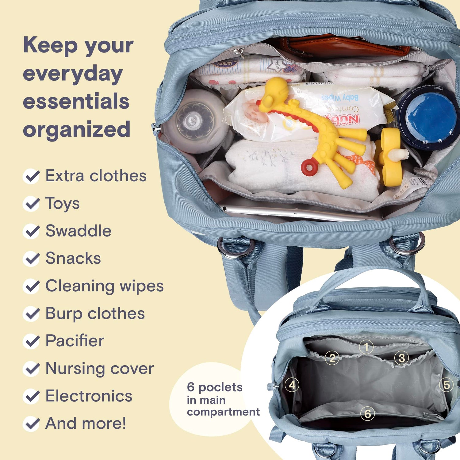 RUVALINO Diaper Bag Backpack, Multifunction Travel Pack Maternity Baby Changing Bags, Large Capacity, Waterproof, Beige