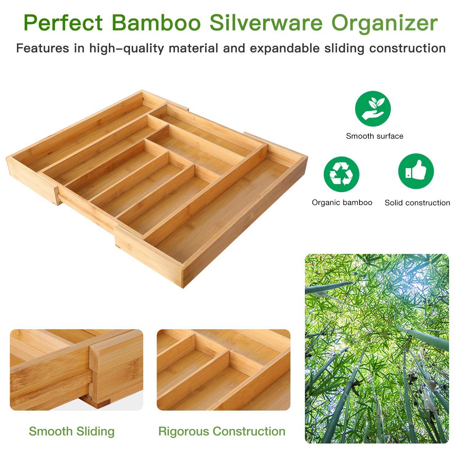 Bamboo Expandable Drawer Organizer for Utensils Holder, Adjustable Cutlery Tray, Wood Drawer Dividers Organizer for Silverware, Flatware, Knives in Kitchen, Bedroom, Living Room by Pipishell