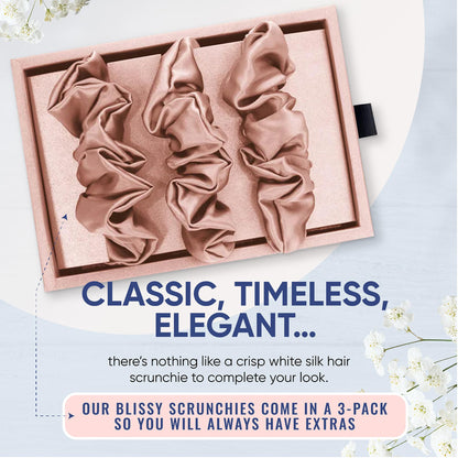 Blissy Silk Scrunchies (3 Pack) - 100% Pure Mulberry Silk - 22 Momme 6A High-Grade Fibers - Silk Scrunchie for Straight &amp; Curly Hair - Preventing Breakage, Tangling, &amp; Creasing (Black Skinny)