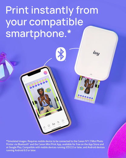 Canon Ivy 2 Mini Photo Printer, Print from Compatible iOS &amp; Android Devices, Sticky-Back Prints, Pure White