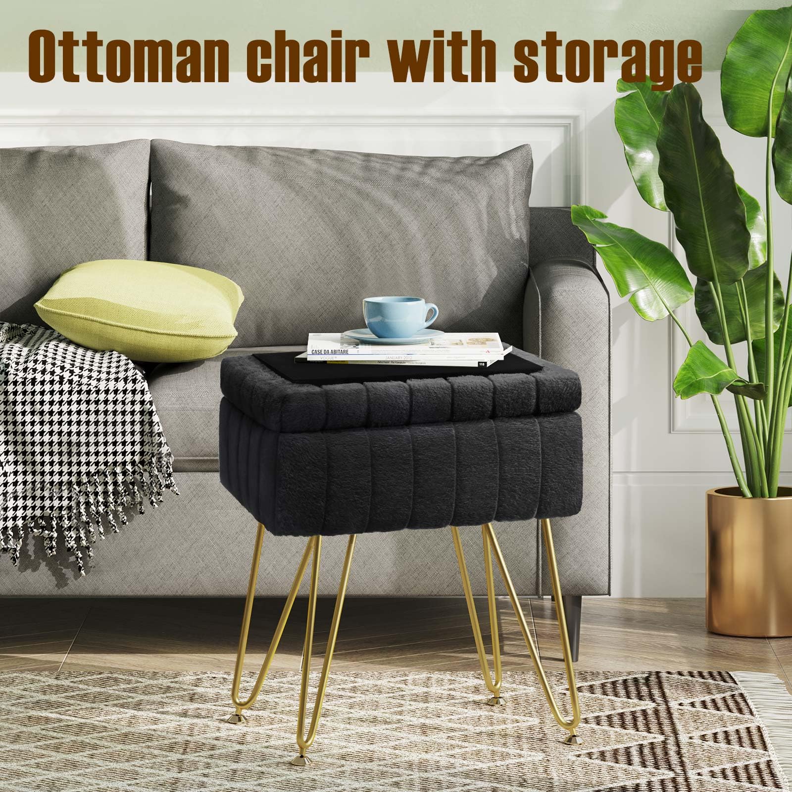 Greenstell Vanity Stool Chair Faux Fur with Storage, 19.4&quot; H x 15.7&quot; L x 11.8&quot; W Soft Ottoman 4 Metal Legs with Anti-Slip Feet, Furry Padded Seat, Modern Multifunctional Chairs for Makeup, Bedroom