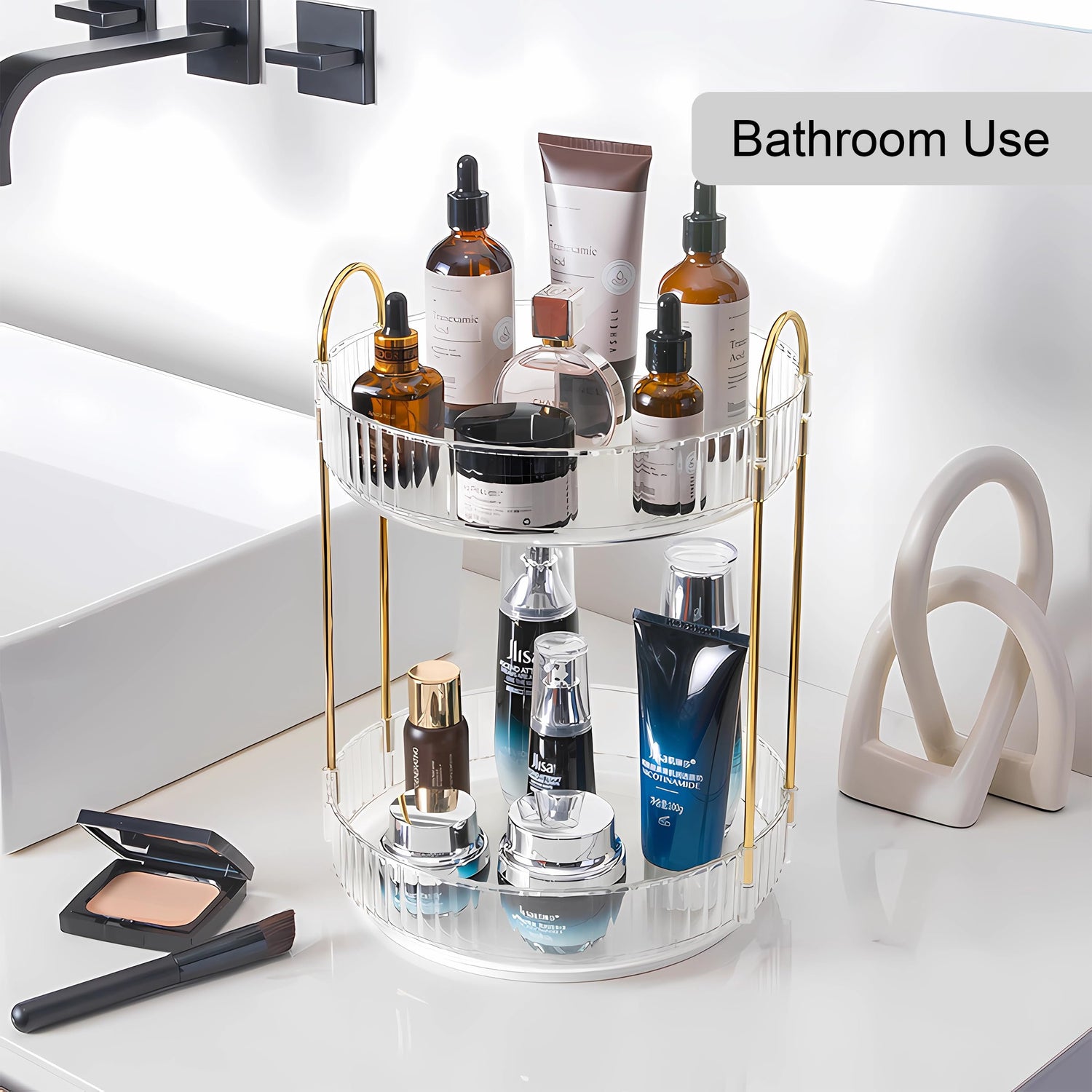YCIA&amp;DONE 360 Rotating Makeup Organizer and Storage for Vanity Bathroom Countertop, High Capacity Cosmetic Skincare Perfume Organizer for Dresser Lazy Susan Organizers(Clear White,2 Tiers)