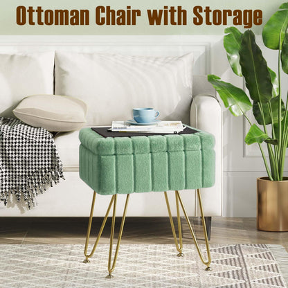 Greenstell Vanity Stool Chair Faux Fur with Storage, 19.4&quot; H x 15.7&quot; L x 11.8&quot; W Soft Ottoman 4 Metal Legs with Anti-Slip Feet, Furry Padded Seat, Modern Multifunctional Chairs for Makeup, Bedroom