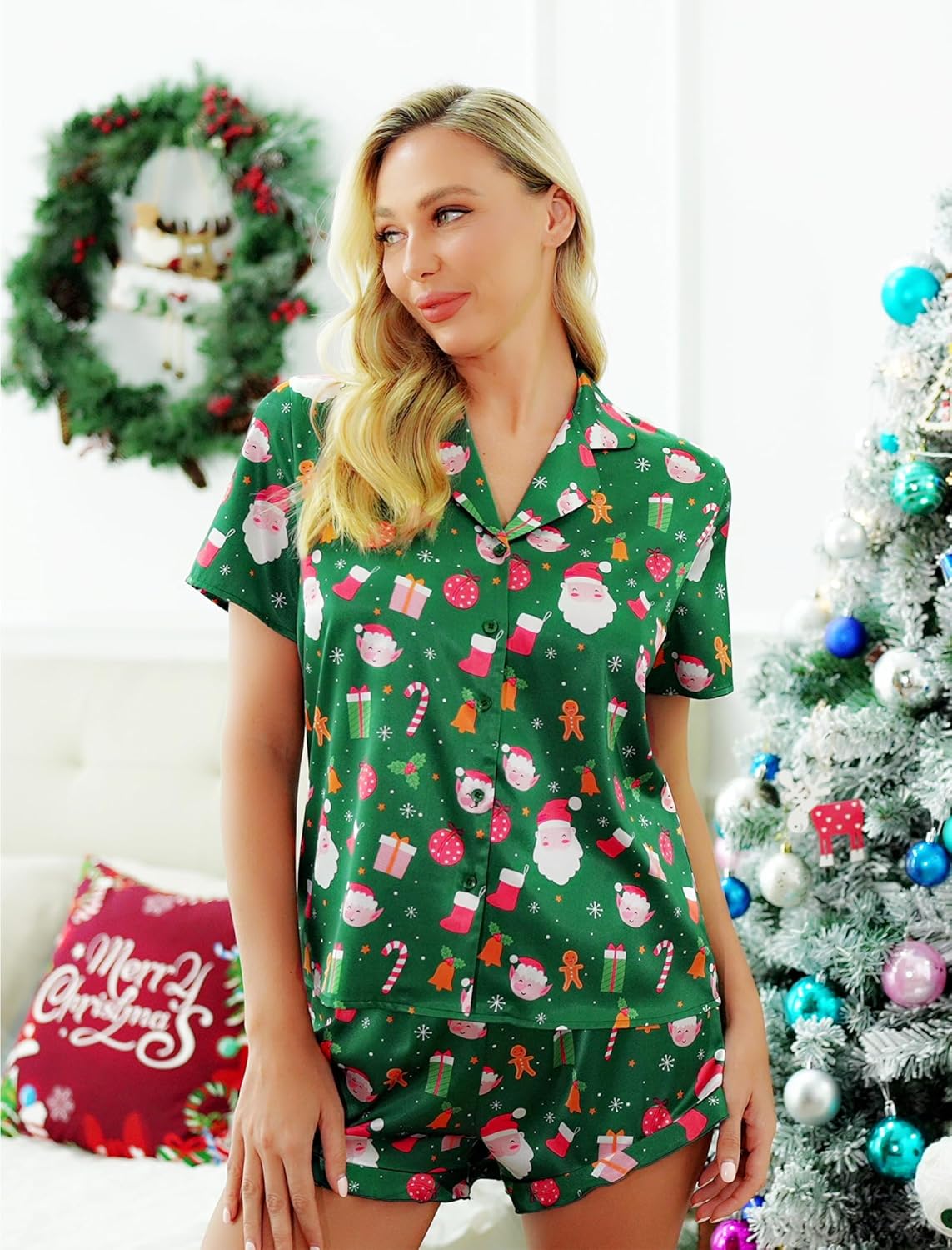 HOTOUCH Womens Satin Pajamas Set Button Down 2 Piece Silk Pjs Shorts Set Ruffle Lingerie Notch Collar Sleepwear