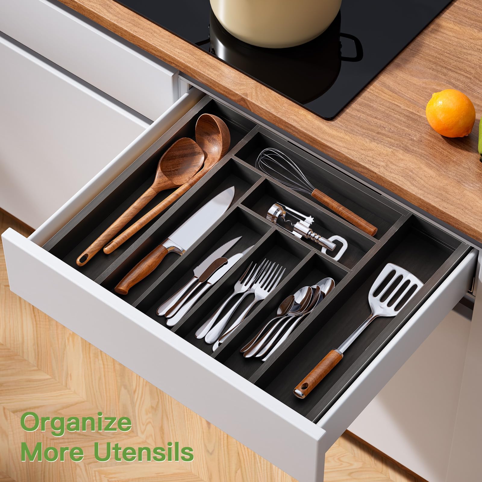 Bamboo Expandable Drawer Organizer for Utensils Holder, Adjustable Cutlery Tray, Wood Drawer Dividers Organizer for Silverware, Flatware, Knives in Kitchen, Bedroom, Living Room by Pipishell