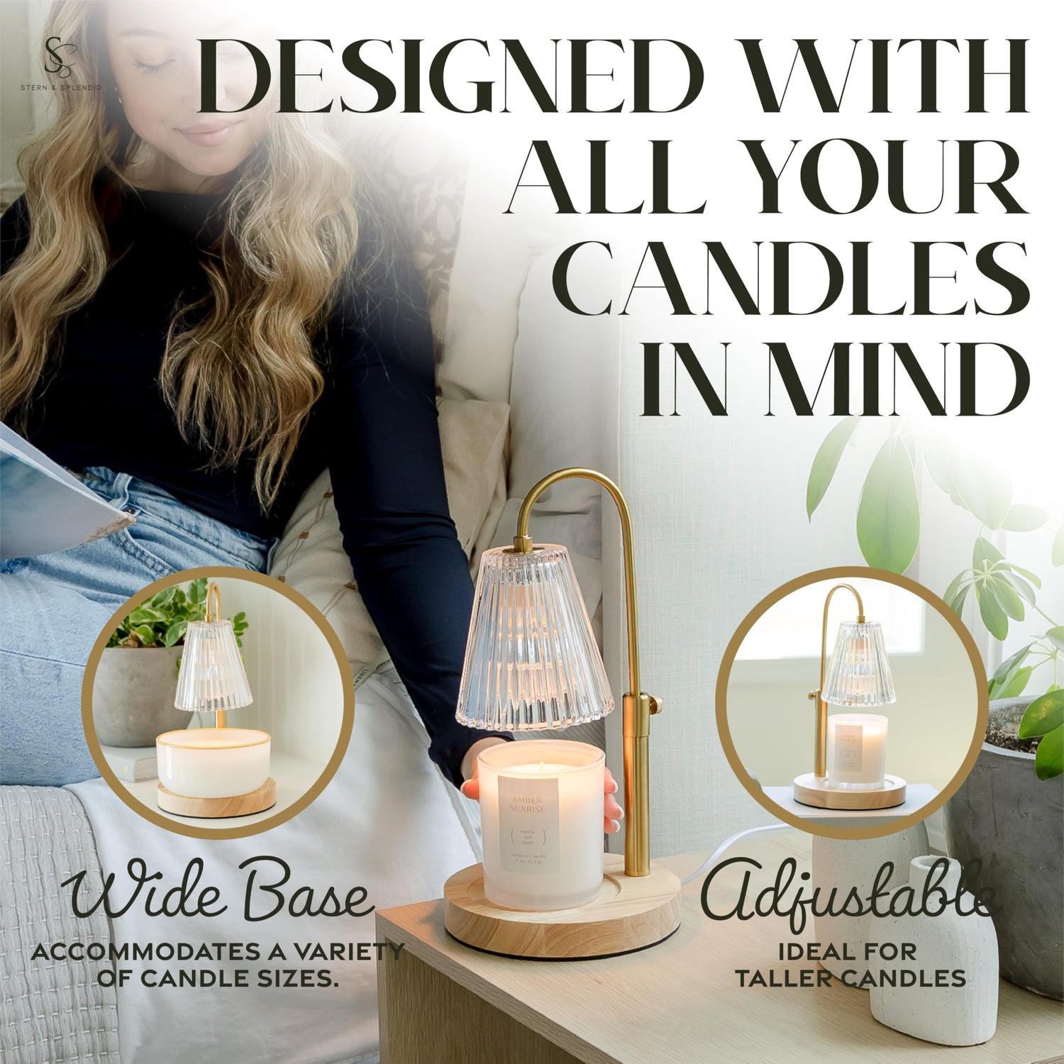 Flameless Candle Warmer Lamp for Jar Candles Large &amp; Small – Dimmable Lamp Candle Warmer Electric with Large Marble Base &amp; Adjustable Height – Candle Melter with Timer and 4 Halogen Light Bulbs