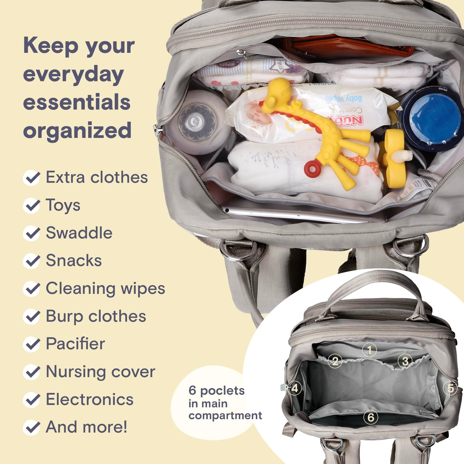 RUVALINO Diaper Bag Backpack, Multifunction Travel Pack Maternity Baby Changing Bags, Large Capacity, Waterproof, Beige
