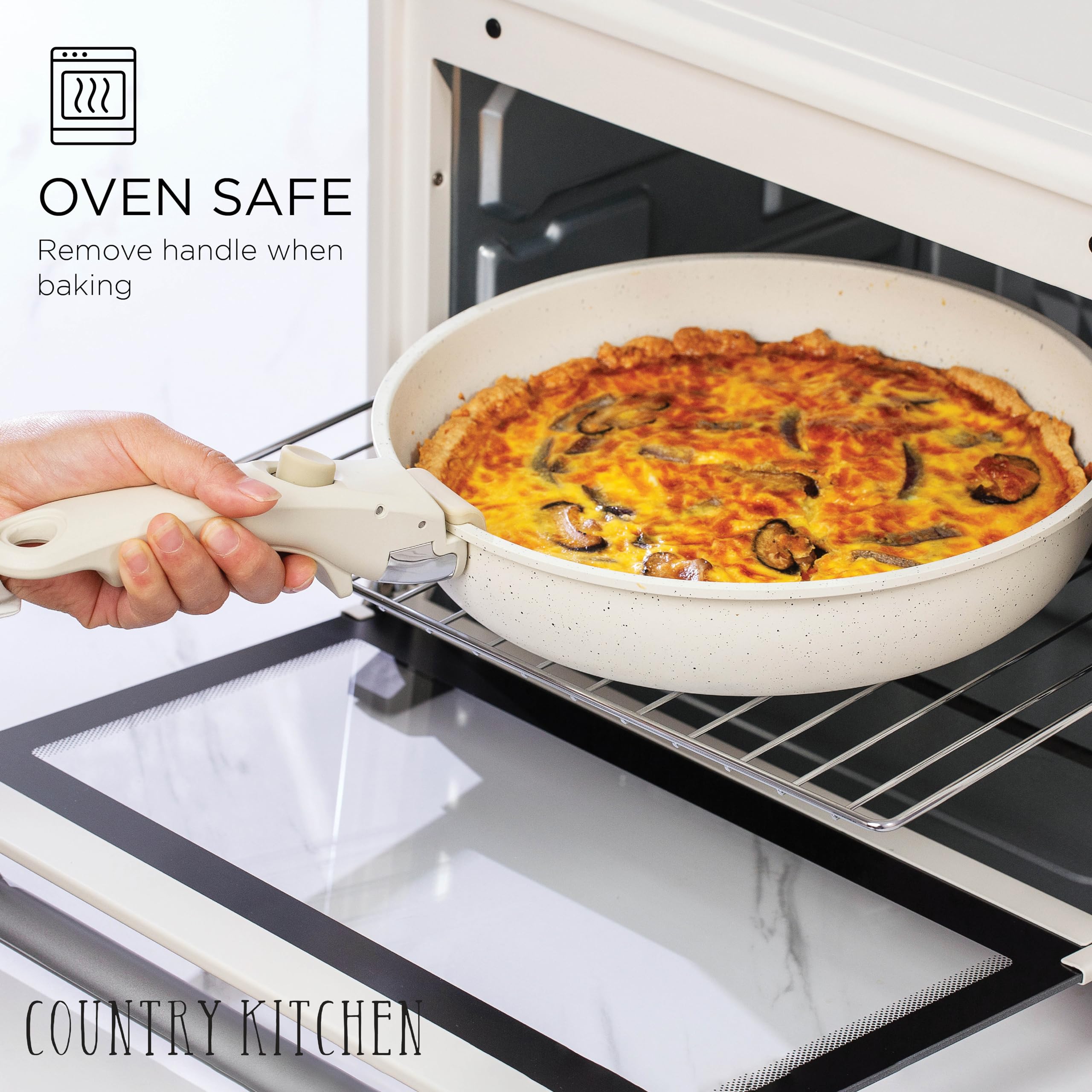 Country Kitchen Cookware Set with Removable Handle, Oven &amp; RV Safe Pots and Pans Set, Cream, Deluxe Larger Set
