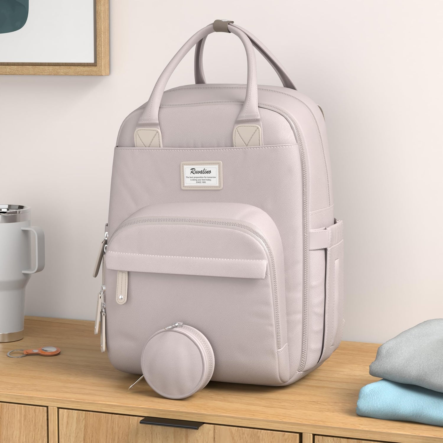 RUVALINO Diaper Bag Backpack, Multifunction Travel Pack Maternity Baby Changing Bags, Large Capacity, Waterproof, Beige