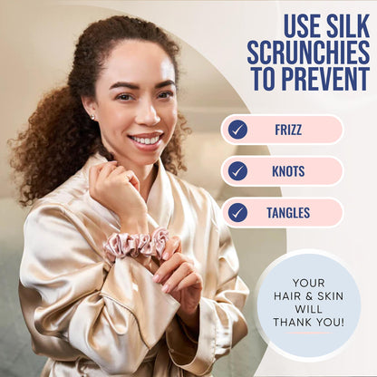 Blissy Silk Scrunchies (3 Pack) - 100% Pure Mulberry Silk - 22 Momme 6A High-Grade Fibers - Silk Scrunchie for Straight &amp; Curly Hair - Preventing Breakage, Tangling, &amp; Creasing (Black Skinny)