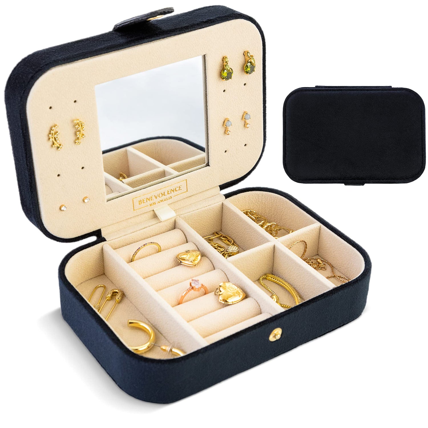 Benevolence LA Plush Velvet Travel Jewelry Storage Box | Travel Jewelry Case Small Jewelry Box for Women | Jewelry Travel Organizer | Earring Organizer with Mirror - Dusty Pink