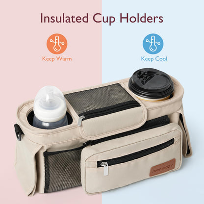 Momcozy Universal Baby Stroller Organizer, 2 Insulated Cup Holder, Detachable Zippered Pocket, Adjustable Shoulder Strap, Large capacity for baby essentials, Compact Design Fits Any Strollers
