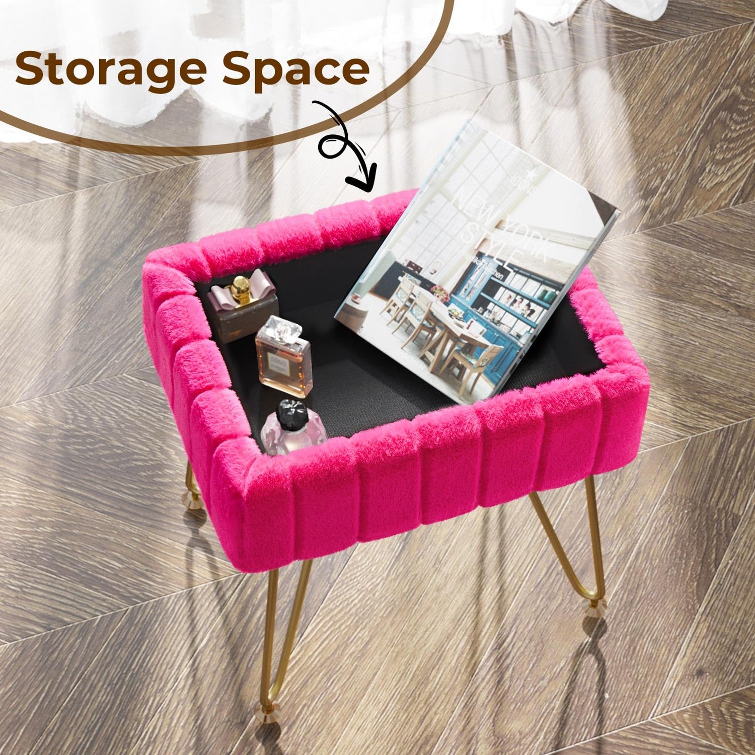 Greenstell Vanity Stool Chair Faux Fur with Storage, 19.4&quot; H x 15.7&quot; L x 11.8&quot; W Soft Ottoman 4 Metal Legs with Anti-Slip Feet, Furry Padded Seat, Modern Multifunctional Chairs for Makeup, Bedroom