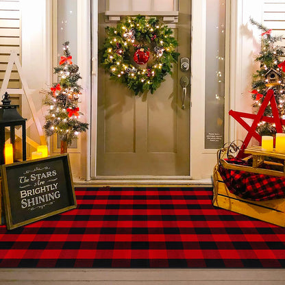 Christmas Red and White Plaid Rug - 28 x 43 Inches Outdoor Front Door Decor Mat Cotton Washable Hand-Woven Rug Christmas New Year Holiday Porch Entryway Layered Doormat