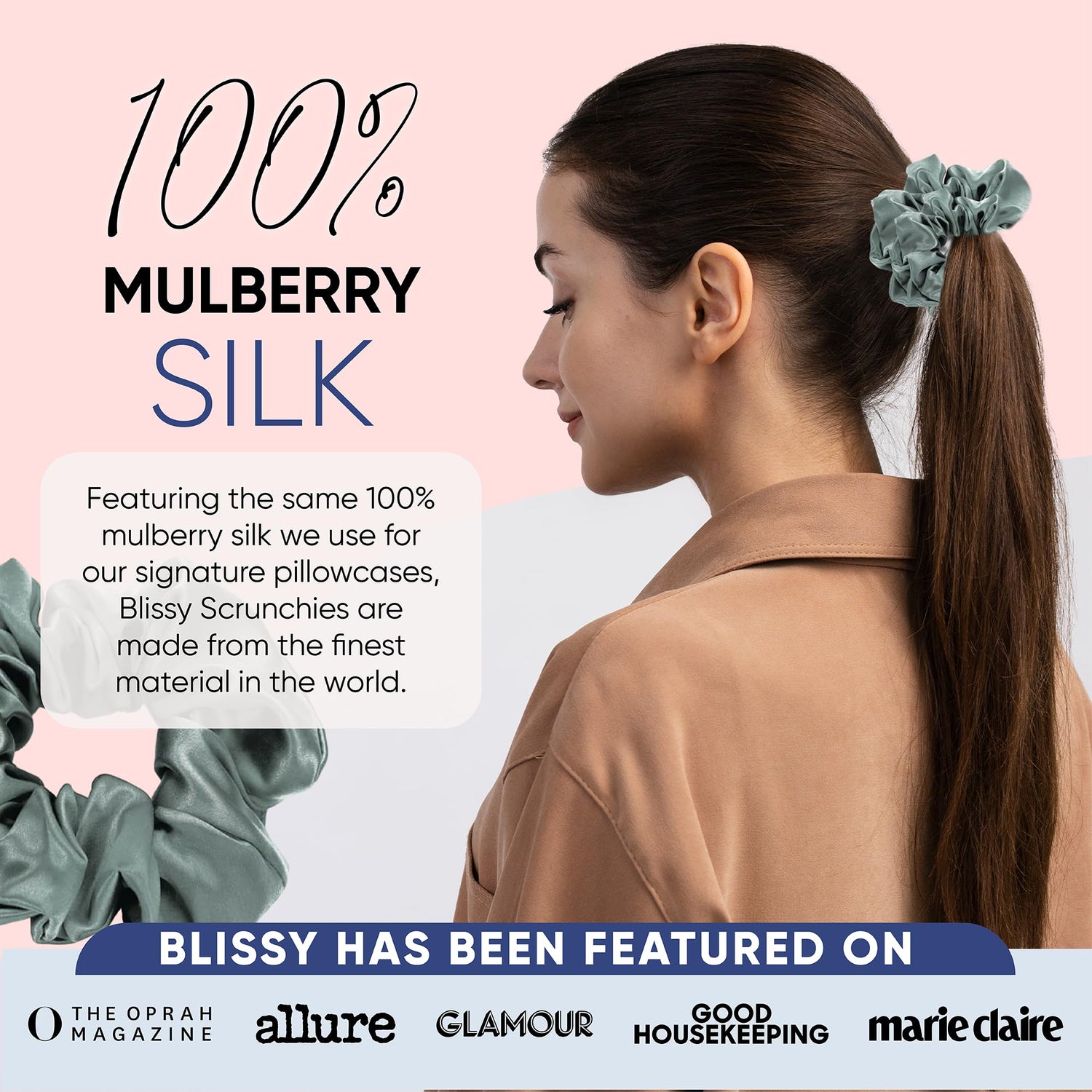 Blissy Silk Scrunchies (3 Pack) - 100% Pure Mulberry Silk - 22 Momme 6A High-Grade Fibers - Silk Scrunchie for Straight &amp; Curly Hair - Preventing Breakage, Tangling, &amp; Creasing (Rose Skinny)