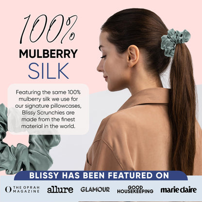 Blissy Silk Scrunchies (3 Pack) - 100% Pure Mulberry Silk - 22 Momme 6A High-Grade Fibers - Silk Scrunchie for Straight &amp; Curly Hair - Preventing Breakage, Tangling, &amp; Creasing (Rose Skinny)