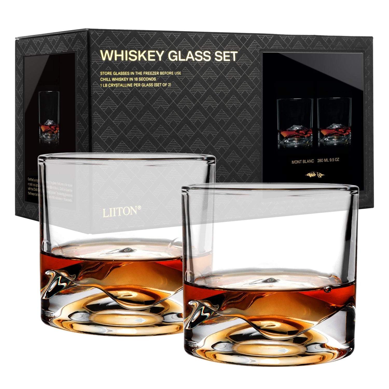 LIITON Heavy Crystal Whiskey Glasses Gift Set, Thick Freezable Bourbon Glass 1lb Each, Premium Whiskey Gifts for Men, Frozen Crystal Chills Cocktails Featuring Grand Canyon Glasses Set of 2, 10 oz