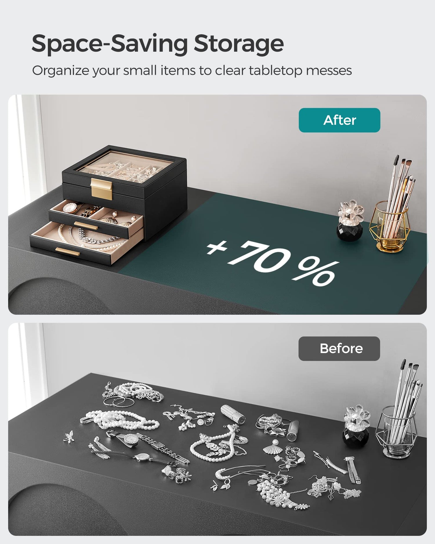 SONGMICS Jewelry Box with Glass Lid, 3-Layer Jewelry Organizer, 2 Drawers, for Big and Small Jewelry, Jewelry Storage, Modern Style, 8 x 9.1 x 5.3 Inches, Cloud White and Gold Color UJBC239WT