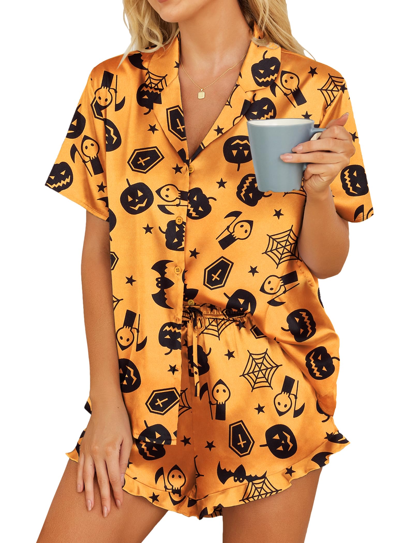 HOTOUCH Womens Satin Pajamas Set Button Down 2 Piece Silk Pjs Shorts Set Ruffle Lingerie Notch Collar Sleepwear