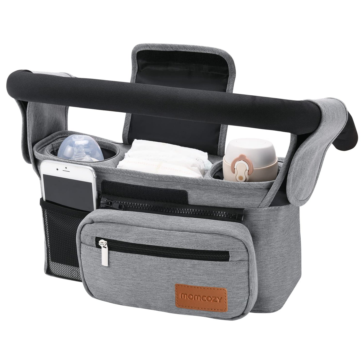 Momcozy Universal Baby Stroller Organizer, 2 Insulated Cup Holder, Detachable Zippered Pocket, Adjustable Shoulder Strap, Large capacity for baby essentials, Compact Design Fits Any Strollers