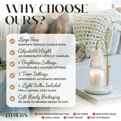 Flameless Candle Warmer Lamp for Jar Candles Large &amp; Small – Dimmable Lamp Candle Warmer Electric with Large Marble Base &amp; Adjustable Height – Candle Melter with Timer and 4 Halogen Light Bulbs