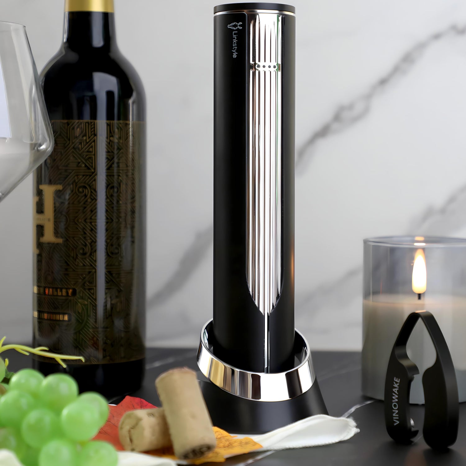 LINKSTYLE OPENERO Electric Wine Bottle Opener, Luxury Automatic Wine Corkscrew with Foil Cutter and Charging Base, Premium Metals with Elegant Gift Box, Home Bar Accessories for Wine Lovers, Gold