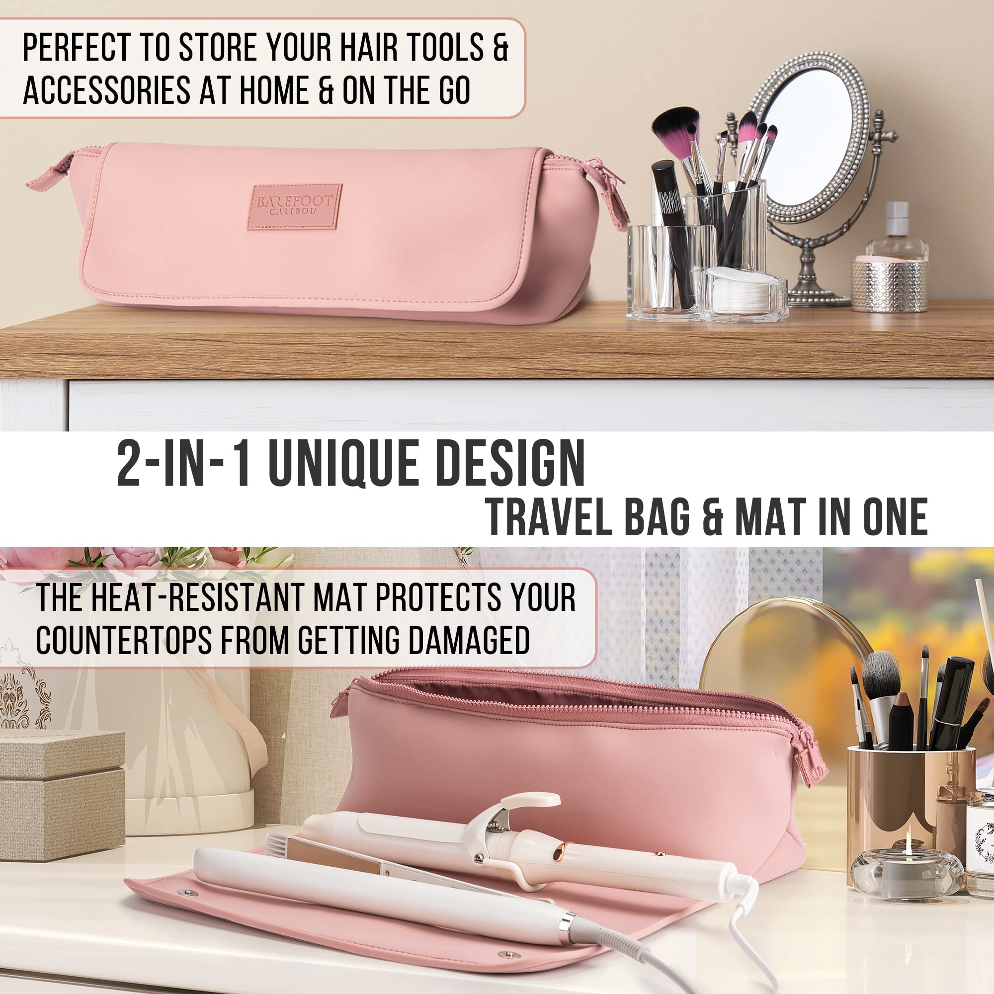 BAREFOOT CARIBOU Hair Tools Travel Bag and Heat Resistant Mat for Flat Irons, Straighteners, Curling Iron, and Haircare Accessories, 2-in-1 Design, with Interior Pockets, Portable Organizer (Ivory)