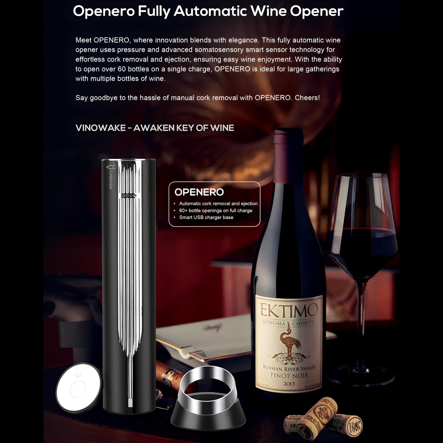 LINKSTYLE OPENERO Electric Wine Bottle Opener, Luxury Automatic Wine Corkscrew with Foil Cutter and Charging Base, Premium Metals with Elegant Gift Box, Home Bar Accessories for Wine Lovers, Gold