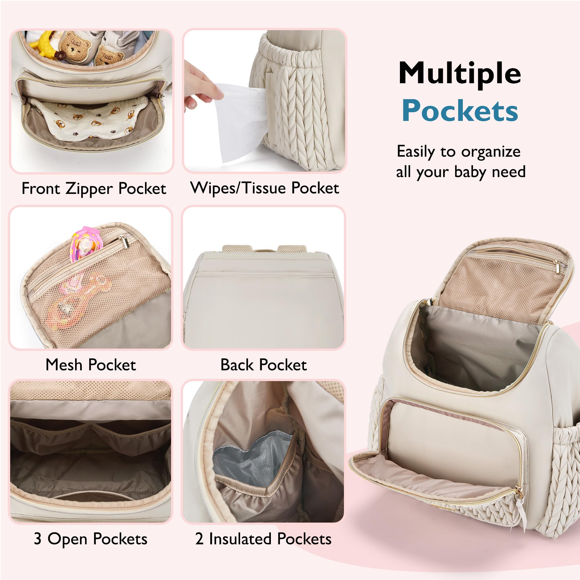 mommore Diaper Bag Small Diaper Backpack Stylish Baby Backpacks Travel Mini Maternity Bags with Insulated Pockets, Changing Pad, Stroller Straps